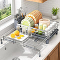 Expandable Dish Drying Rack for Kitchen Counter, Stainless Steel, Silver | Foldable Over Sink, Large Capacity, Rust-Resistant, Adjustable for Most Sinks, Automatic Drainage, Removable Utensil Holder