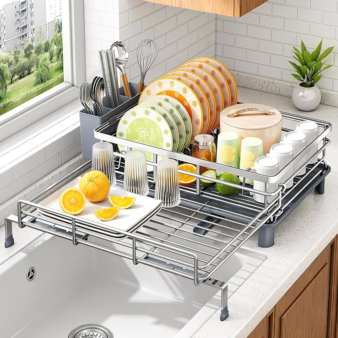 Expandable Dish Drying Rack for Kitchen Counter, Stainless Steel, Silver | Foldable Over Sink, Large Capacity, Rust-Resistant, Adjustable for Most Sinks, Automatic Drainage, Removable Utensil Holder