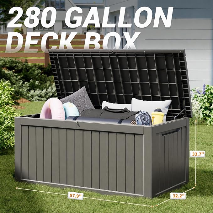 280 Gallon Outdoor Storage Box, Resin Deck Boxes Indoor and outdoor, Waterproof Storage Box Lockable Lid for Garden Tools, Package Delivery, Patio Cushions, Grey
