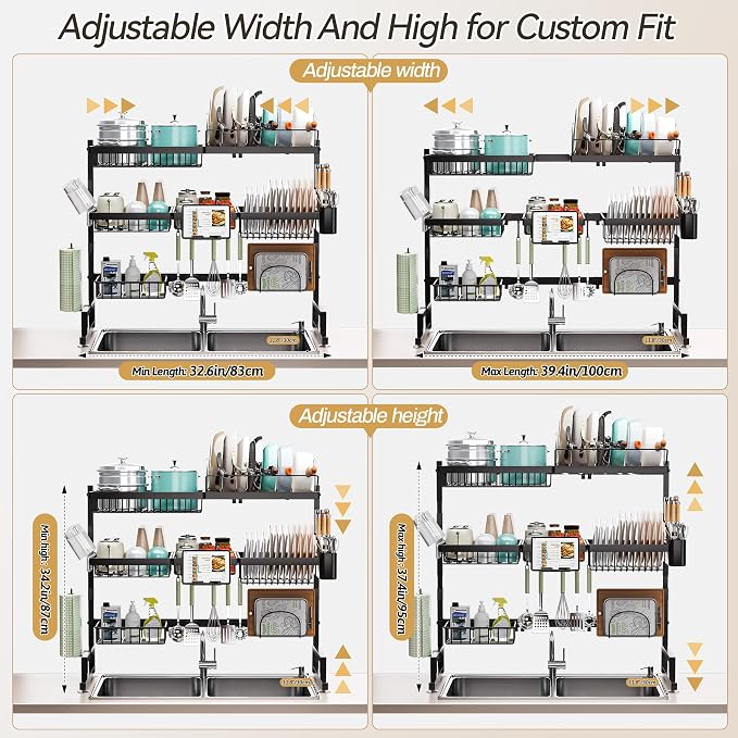 ADBIU Over Sink Dish Drying Rack (Expandable Height/Length) Snap-On Design Large Dish Drainer Storage Counter Organizer 32-40L x 12W x 34-38H (inches)