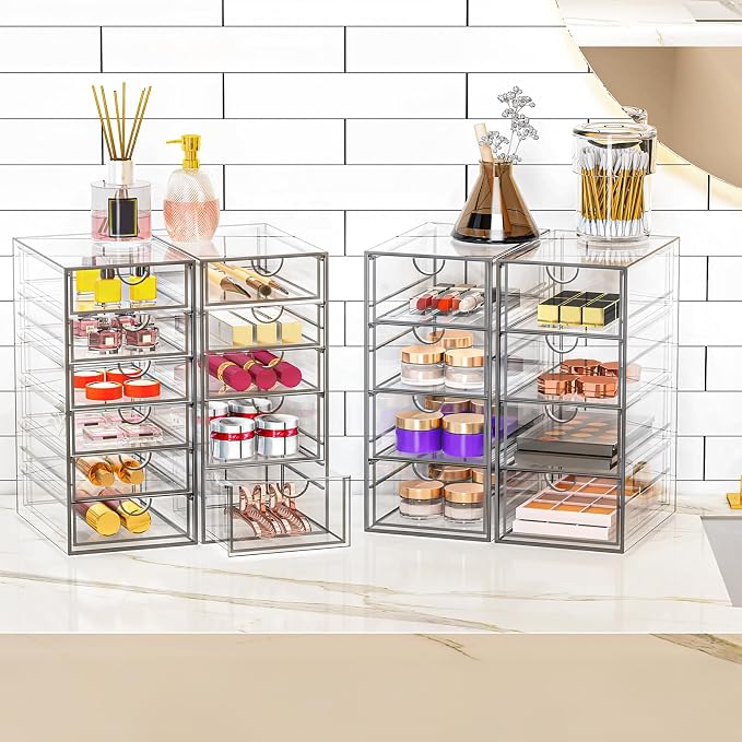 Acrylic Makeup Organizer with 19 Drawers,Storage Drawer Organizer | Bathroom Organizers and Storage for Palettes, Cosmetic, and Beauty Supplies, Desk Organization