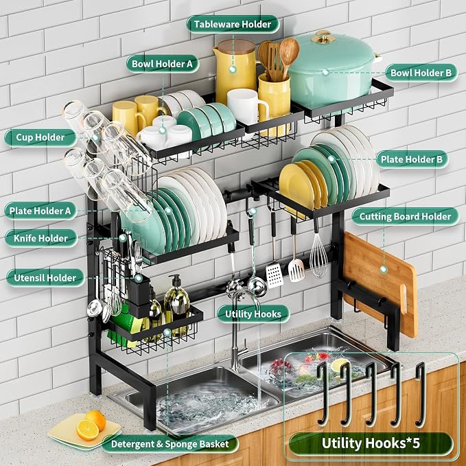 Over The Sink Dish Drying Rack,Expandable Length 3-Tier Large Stainless Steel Over The Sink Dish Rack with 6 Baskets, Utensil Holder Dish Drainers for Kitchen Counter | Stainless Steel, with 6 Baskets & Utensil Holder, for Kitchen Counter, Black