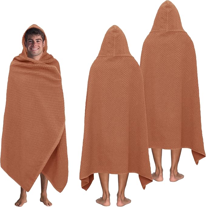 COTTON CRAFT Hooded Bath Towel for Adults – 2 Pack 100% Cotton Bath Sheet | Waffle Weave Oversized 35x70 inch Ringspun Terry Bath Wrap with a hood - Soft Super Absorbent Quick Dry – 450 GSM – Mocha