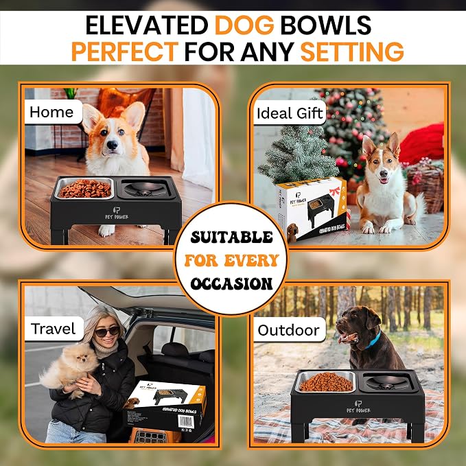 Elevated Dog Bowls, Raised Dog Bowl Stand with 4 Adjustable Heights, Stainless Steel Food Bowl & No-Spill Water Bowl – Dog Bowls Elevated for Small, Medium & Large Dogs