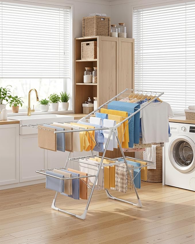 Sakugi Clothes Drying Rack, Foldable 2-Level Laundry Drying Rack with Height-Adjustable Wings, for Clothing & Bedding, Free-Standing Space-Saving Rack, Indoor & Outdoor, 55.5"L × 22.8"W, Silver White