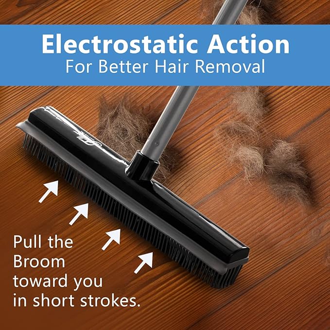 Fuller Brush Rubber Broom – for Carpets Floors Stairs Upholstery – Electrostatic Action Removes Pet Hair Lint Fuzz Dirt Particles – Built-in Squeegee Tackles Wet Messes (Broom Head)