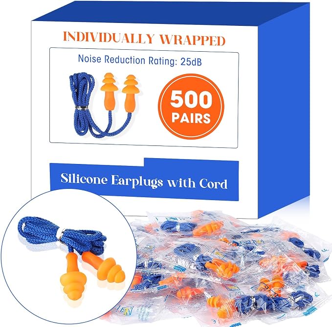 Relaxweex 500 Pairs Corded Ear Plugs Bulk 25dB NRR Reusable Silicone Ear Plug with String Individually Wrapped Earplugs for Sleeping Noise Reduction Hearing Protection Shooting Construction Work