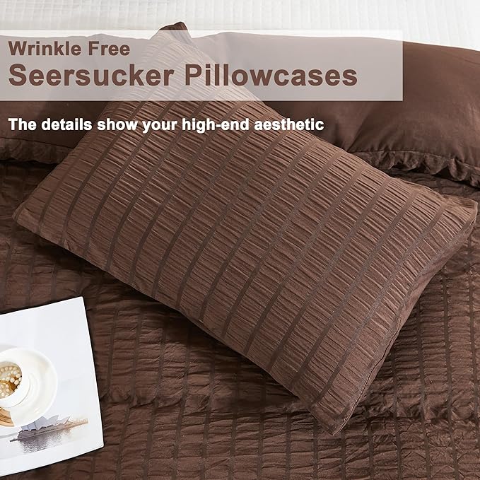 AveLom Brown Duvet Cover Cal King(104 x 98 inches), 3 Pieces (1 Duvet Cover, 2 Pillowcases), Seersucker Striped Soft Washed Microfiber, Textured Duvet Cover Set with Zipper Closure, Corner Ties