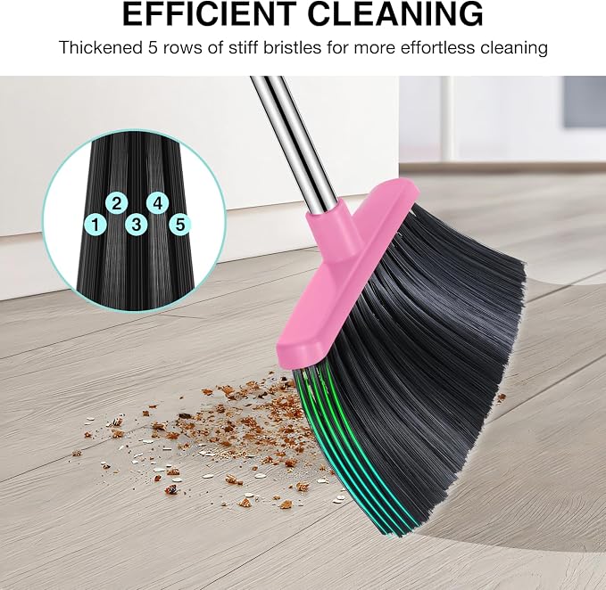 NACENA Broom and Dustpan Set, 52-in Long Adjustable Handle Broom Dustpan Combo with Dustpan Teeth to Automatically Clean Hair Suitable for Home Kitchen Office Hall Floor (Pink&Blue), 4 Pack