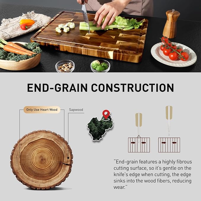 End Grain Cutting Board for Kitchen with Non-slip Feet, Acacia Wood Heavy Duty Checkered Cutting Board Upgraded Chopping Board with Juice Groove & Handle Large Wooden Butcher Block with Gift Box