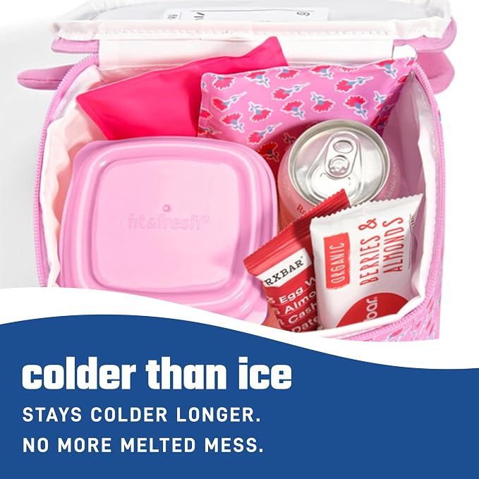 Fit & Fresh Cool Coolers Soft Ice for Lunch Bags 2pk, Flexible Stretch Nylon, Durable, Reusable Lunch Box Ice Packs, Soft Ice, Reusable Freezer Packs, Lunch Ice, Sweet Pink Block Print