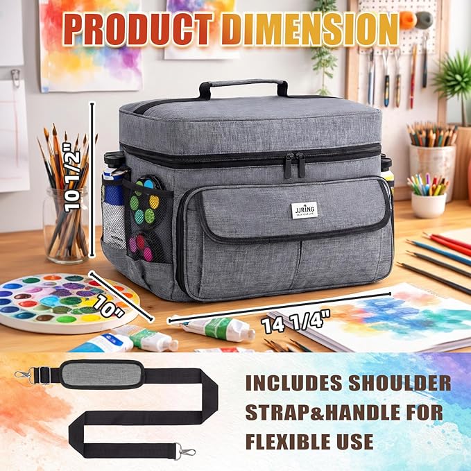 JJRING Versatile Acrylic Paint Organizer Bag With Adjustable Dividers For Multi-Size Bottles, Art Supply Storage Case Features 12-Slot Brush Holder & Clear Zipper Pocket, Travel Craft Tote(Grey)