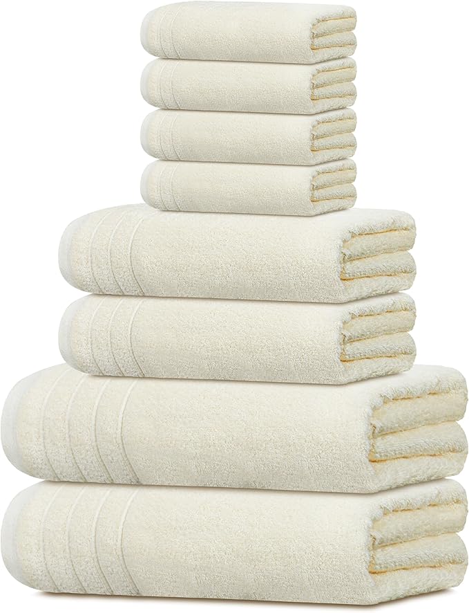 Tens Towels 8 Piece Towel Set, 2 XL Bath, 2 Hand, 4 Washcloth, Cream | 100% Cotton, Lighter Weight, Quicker to Dry, Super Absorbent, Perfect for Bathroom