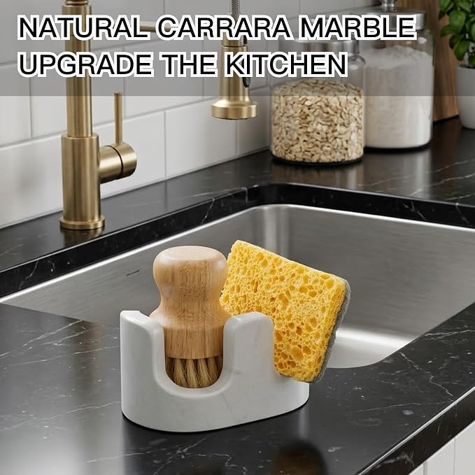 White Marble Sponge Holder for Kitchen Sink, 2-in-1 Sponge & Brush Holder with Raised Edge, 2 Slot Natural Stone Sink Caddy for Countertop, Keeps Countertops Dry, Non-Slip Base, Modern Kitchen Decor