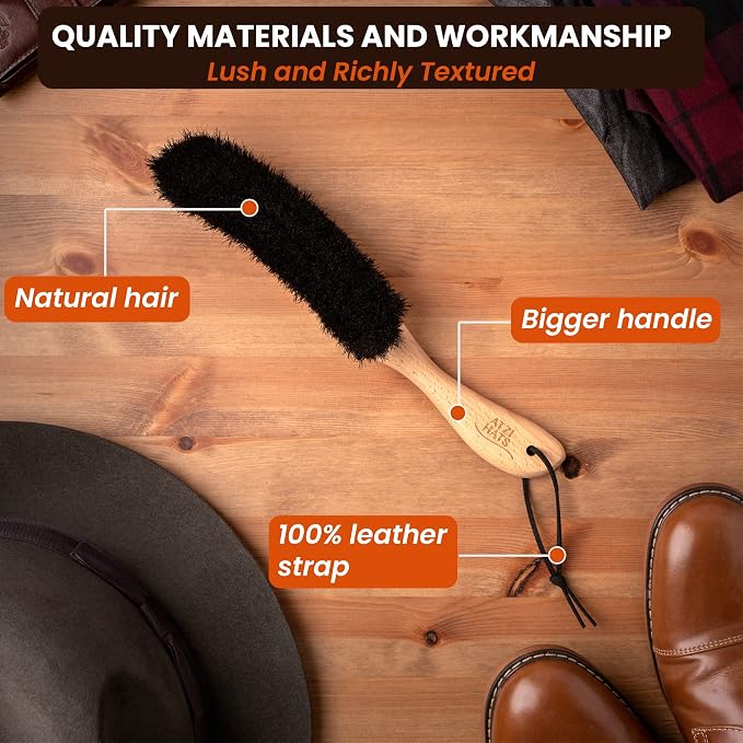 Clothes Brush, Horse Hair Bristle, Cowboy Hat Brush, Suit Lint Brush, Wool, Cashmere, Velvet, Suede, Fabric Brush, Furniture Pet Hair Brush, Long Beech Wood Handle