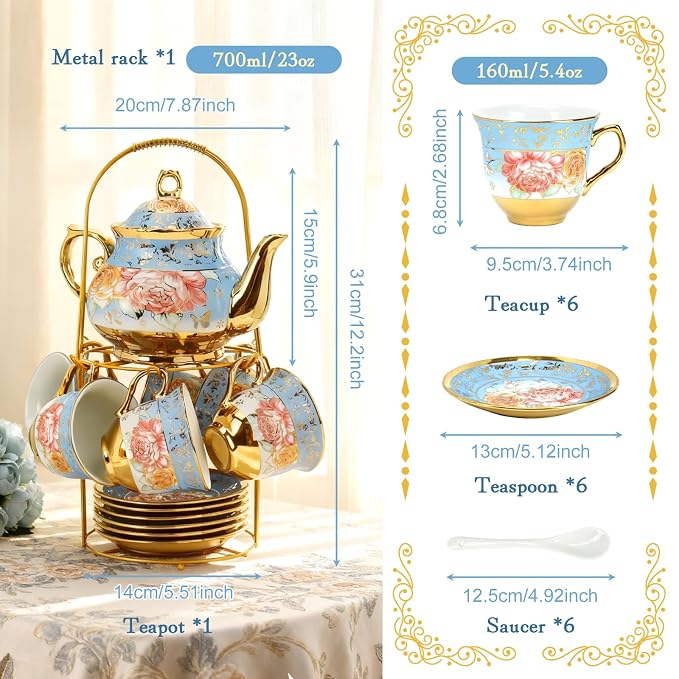 ALIMOTA 20 Pcs Porcelain Tea Set with Metal Holder and Spoon, European Ceramic Tea Set for Adults, European Flower Painting Teapot Cup Saucer Spoon Set for 6, Gift Pack (Blue)