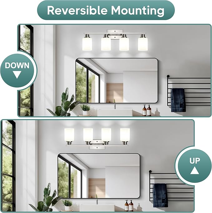 Ascher Bathroom Light Fixtures, 4-Light Vanity Light Over Mirror, Brushed Nickel Wall Sconces with Milky White Frosted Glass Shades, Wall Lamp for Living Room Bedroom, E26 Base(Bulbs Not Included)