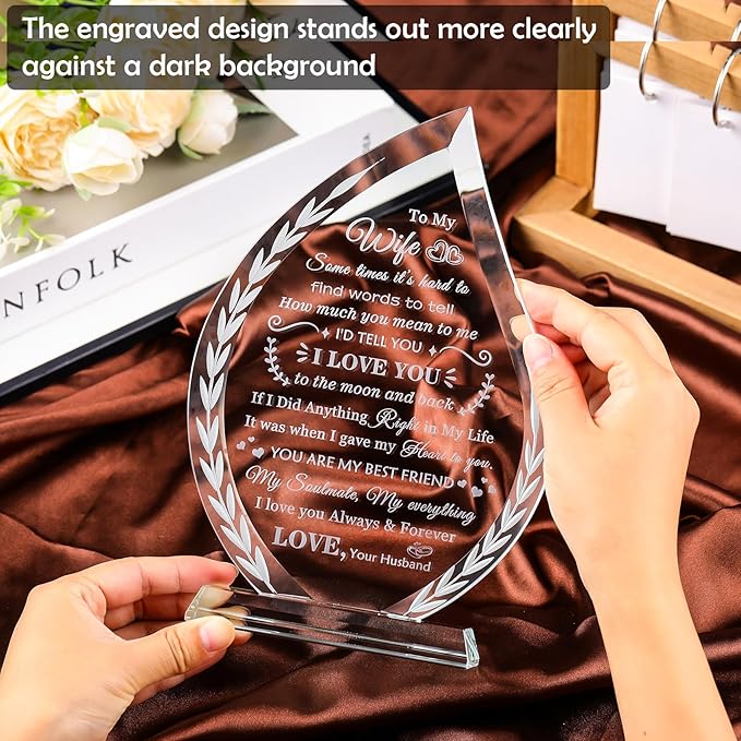QIANWEI Mothers Day Gifts for Wife from Husband Laser Engraved Glass Plaque, Romantic Birthday Wedding Anniversary Christmas Valentines Present for Women
