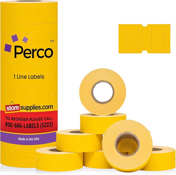 Perco 1 Line Yellow Labels - 8,000 Blank Price and Date Gun Labels for Perco Lite, X, Plus and Pro 1 Line Price and Date Guns- 8 Rolls, 1 Sleeve - Made in USA