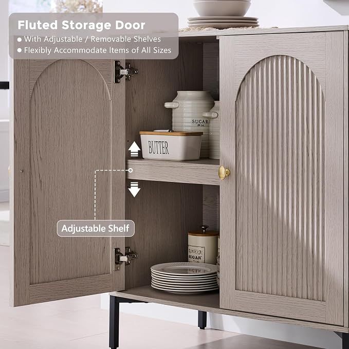 IFGET 92.63"W Modern Arch Sideboard Buffet Cabinet with Storage, Light Grey | Fluted Arched Sideboard Cabinet w/Adjustable Shelves, Wood Modular Kitchen Cabinet for Dining& Living Room, Kitchen, Entryway