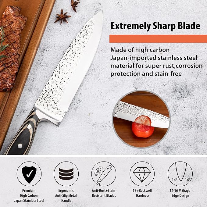 Kitchen Knife Set,15-Piece Knife Set With Block Wooden,Self Sharpening For Chef Knife Set,High Carbon Japan Stainless Steel Hammered Collection Knife Block Set with Steak Knives (Gray)