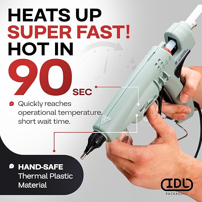 IDL Packaging GG-300 Industrial 300W Hot Glue Gun with 10 pcs Glue Sticks - 1/2" x 10" Full-Size Glue Sticks - Hot Glue Gun Kit for Variety of Surfaces: Foam, Vinyl, Leather, or Upholstery