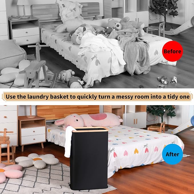 iEGrow 60L Slim Laundry Hamper, Narrow Laundry Basket with Lid,Foldable Clothes Hamper with Bamboo Handles,Hamper Basket with Removable Inner Bag for Laundry Room Bedroom College Dorm,Black