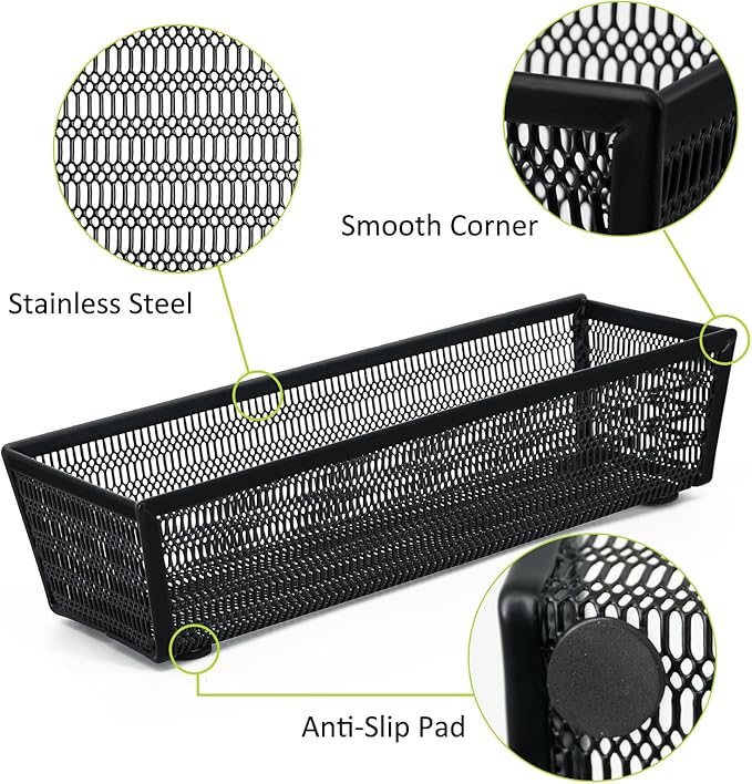 Neudeco Silverware Organizer, Black, 9 x 3 x 2 inch, Pack of 12 | Mesh Drawer Organizer, Metal Construction, For Kitchen Utensils & Flatware, Multi-Purpose Use