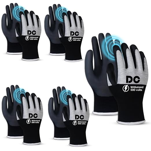 DongChu 5 Pairs Insulated Electrician Gloves 500V Touch-Screen Voltage/Flame Retardant Work Gloves, Electrical Rubber Non-slip Texture Design for Electricians Prevent Shock (Large)
