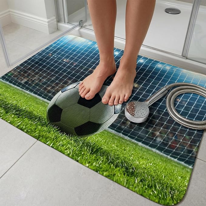 Football Bathroom Rugs Non Slip Washable Bath Mat Absorbent Low Pile Front Door Mat Soccer Ball Sports Net Mesh Evening Match Indoor Doormat for Kitchen Entryway Shower Decor Accessories 31.5"x47.2"