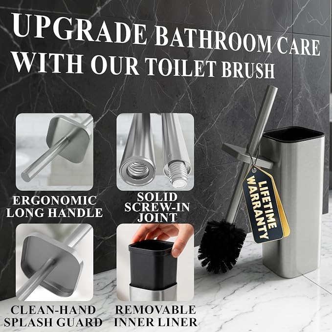 Toilet Brush with Square Holder - Toilet Brush and Holder Set Silver, Stainless Steel Handle with Splash Shield, Replaceable Head and Removable Inner Cup - Freestanding Bathroom Toilet Cleaning Set