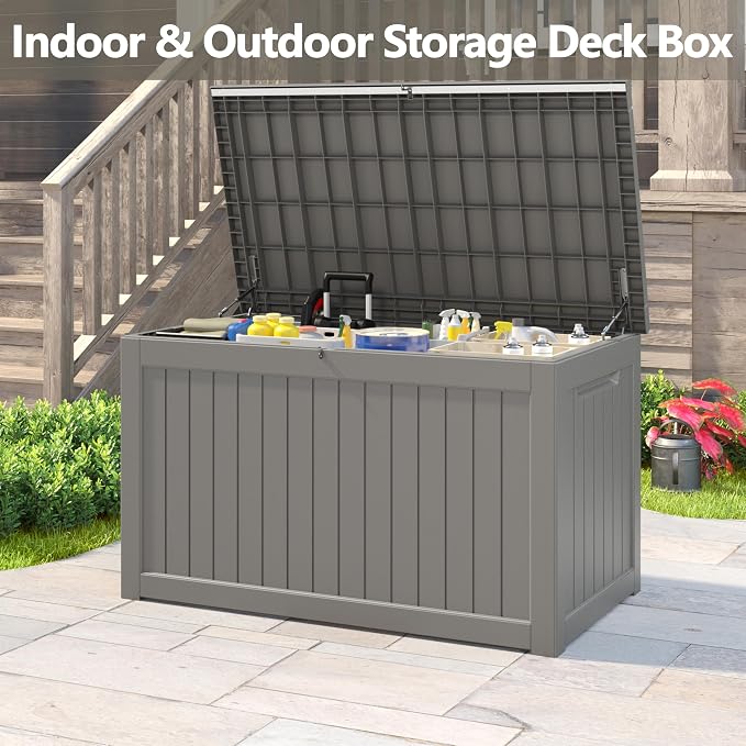 280 Gallon Outdoor Storage Box, Resin Deck Boxes Indoor and outdoor, Waterproof Storage Box Lockable Lid for Garden Tools, Package Delivery, Patio Cushions, Grey