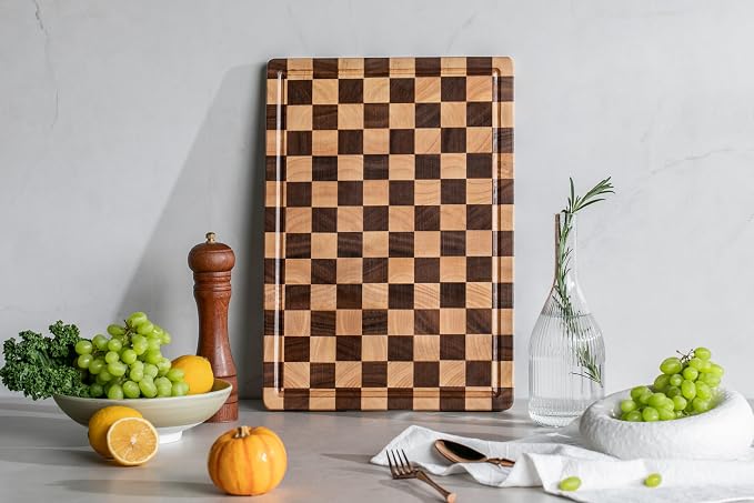 Cutting Boards for Kitchen, Checkered Wood Cutting Board | Walnut Chopping Board with Juice Grooves & Handles, Butcher Block Serving Tray with Gift Box 16" x 11" x 0.8"