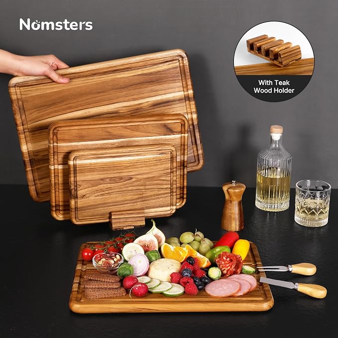Teak Cutting Boards for Kitchen 4 Pack Wooden Wood Chopping Board Non Toxic | Heavy Duty, Non Toxic Slip, Solid Thick, Wood Haus Chopping Board, Extra Large Big Small, Meat Best, Wooden Charcuterie Board