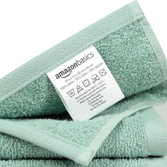 Amazon Basics Washcloth for Bathroom, 100% Cotton Extra Absorbent, Fast Drying - Salon Towels - Seafoam Green, 12 x 12 inches (Pack of 144)