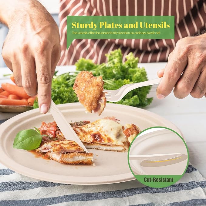 Gezond 400pcs Compostable Paper Plates Set Eco-friendly Heavy-duty Disposable Paper Plates Cutlery Includes Biodegradable Plate, Forks, Knives, Spoons, Cups and Straws for Wedding Party
