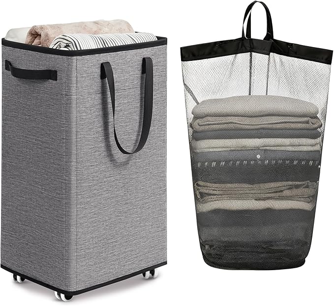 Goodpick 75L Rolling Laundry Basket, Large Laundry Hamper with Handles and Removable Wash Bag, Space Saving for Laundry Room, Light Grey
