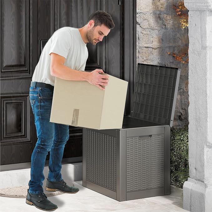 30 Gallon Outdoor Storage Box, Resin Deck Boxes Indoor and outdoor, Waterproof Storage Box Lockable Lid for Garden Tools, Package Delivery, Pool Supplies, Patio Cushions, Grey