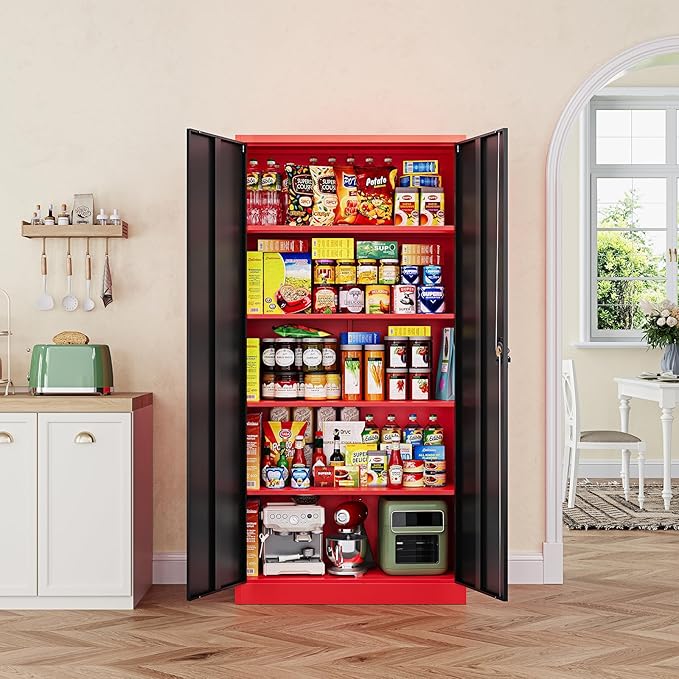 Metal Storage Cabinets with Lock, 72" Tall Locker Organizer Steel Cabinets, Adjustable Layers Shelves 2 Doors for Home, Office, Warehouse,Garage(Black Red)