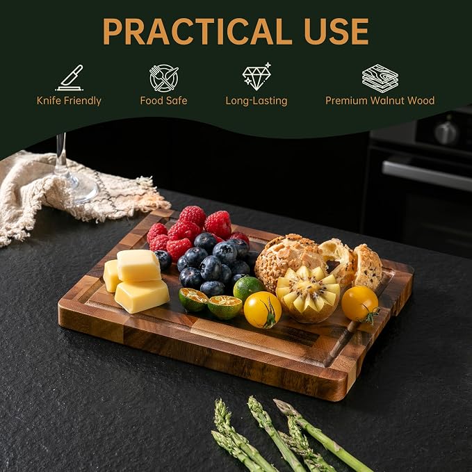 Walnut Cutting Board, Small Wooden Cutting Board Meal Prep Serving | 10"×8"×0.8", Premium Walnut Wood, End Grain, FSC Certified, Deep Juice Groove, Built-In Handle, Non-Slip Feet, Knife Friendly