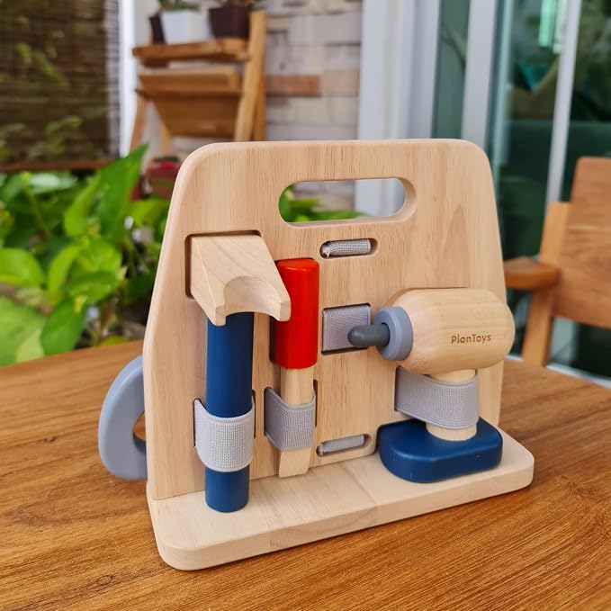 PlanToys® Wooden Handy Carpenter Set Montessori Practical Life Kids Play | hammer, screwdriver, wrench, kids tool set, girls, boys, imaginative fine motor construction learning gift preschool fun