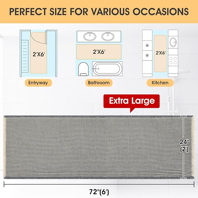 Extra Large Waffle Bath Mat Grey & Beige 6'x2'(72" x 24"), Boho Woven Modern Bath Mat Rugs, Absorbent Non Slip Bathroom Rugs, Soft Washable Bath Rugs with Tassels for Bedroom, Kitchen, Shower, Tub