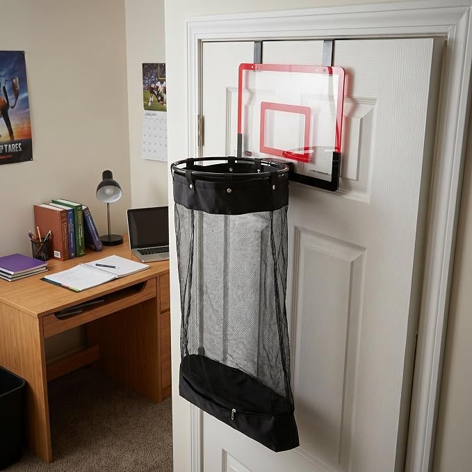 Basketball Hoop Laundry Basket with Rounded Mouth and Smooth Edges, Easy Installation with Zipper and Universal Hooks, Plastic Mesh Material the Door Clothes Hamper for Home