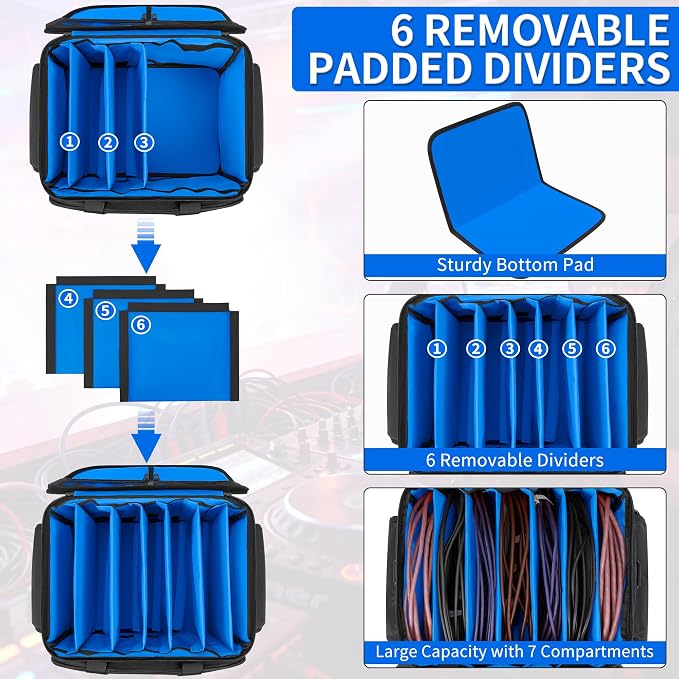 IBVIVIC DJ Cable File Bag with 6 Detachable Dividers High Capacity Gig Cable Bag for Cords,DJ Gear,Sound Instrument and Accessories, Blue
