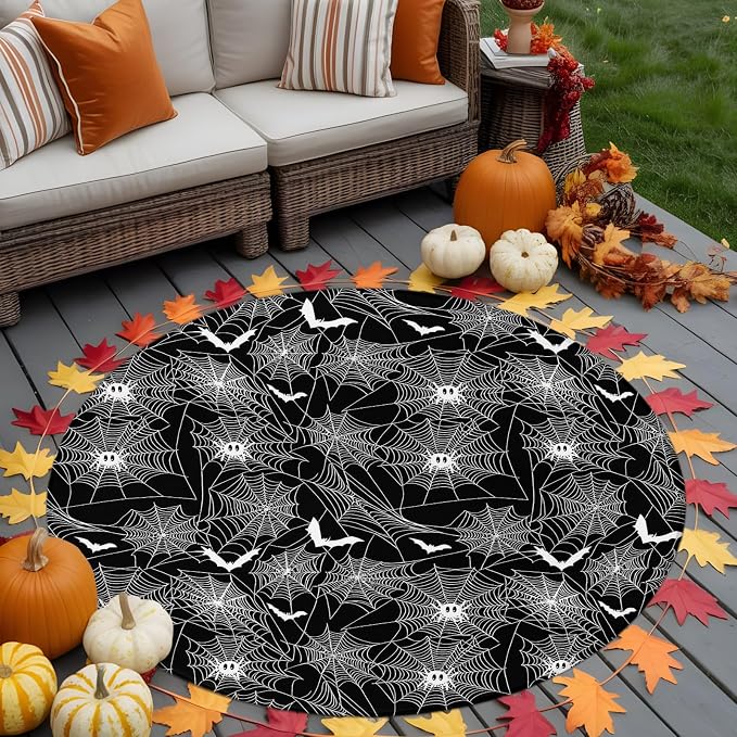 6 Ft Round Rug for Living Room, Halloween Indoor Accent Rugs for Apartment, Black Scary White Bat Animal Net Geometric Decorative Circle Carpet Washable Low Pile Non Slip, Soft Rug for Bedroom