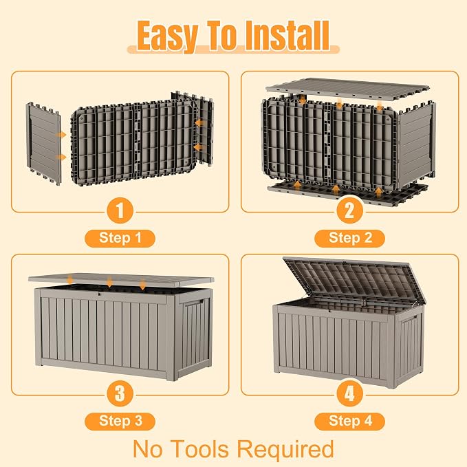 Outdoor Storage Box, 360 Gallon Waterproof Resin Deck Box with Support Rod | UV Resistant Lockable Package Delivery Bin, Shoe, Patio & Garden Tools Storage, Toy Cabinet, Ottoman, Indoor/Outdoor