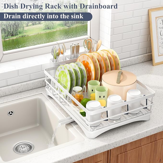 SAYZH Dish Drying Rack for Kitchen Counter with Utensil Holder, White | Stainless Steel, Large Capacity, Angled Drainboard, Rotating Spout, Removable to Clean