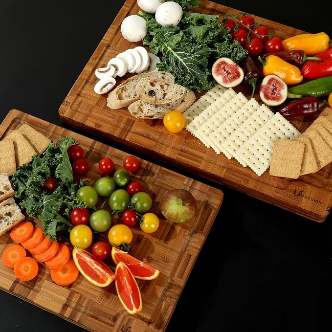 Extra Large Bamboo Cutting Boards, 2-Pack Heavy Duty Bamboo Cutting Boards Set with Juice Grooves & Non-Slip Feet –Checkered Extra Large Thick Wood Chopping Board for Meat, Fruits, Non-Toxic & Durable