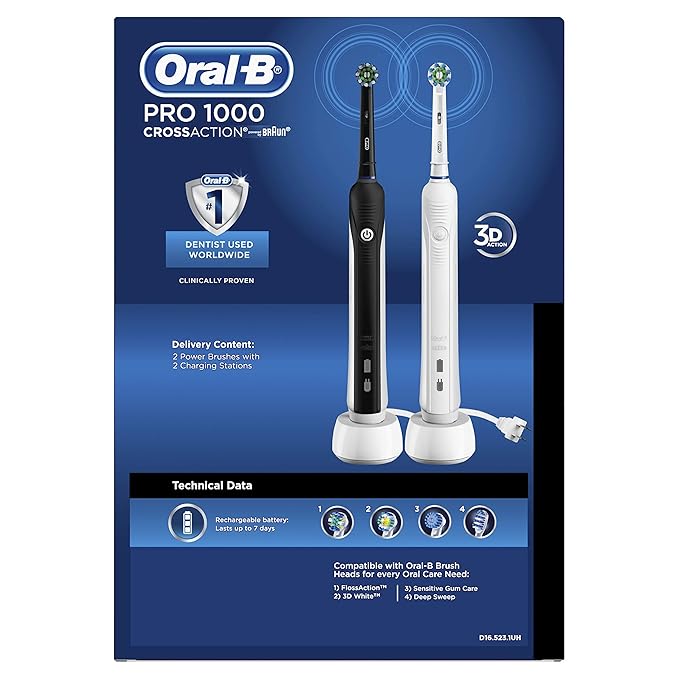Oral-B Pro 1000 CrossAction Electric Toothbrush, Black and White, 2 Count (Pack of 3)