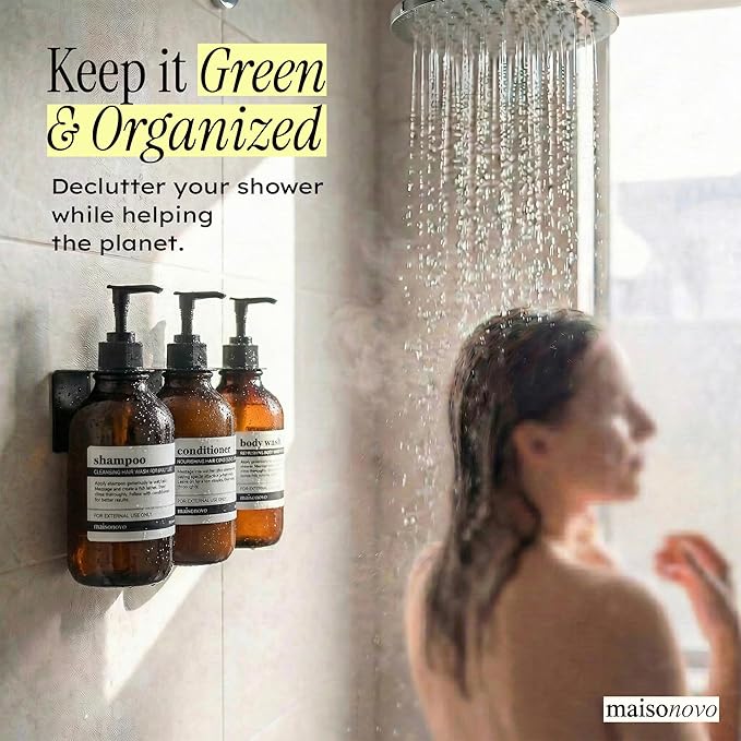 Shampoo and Conditioner Dispenser Wall Mounted Set of 3 Amber Black - No Drill Shower Soap Dispenser for Bathroom Refillable - Spa Hotel Style Accessories by MaisoNovo